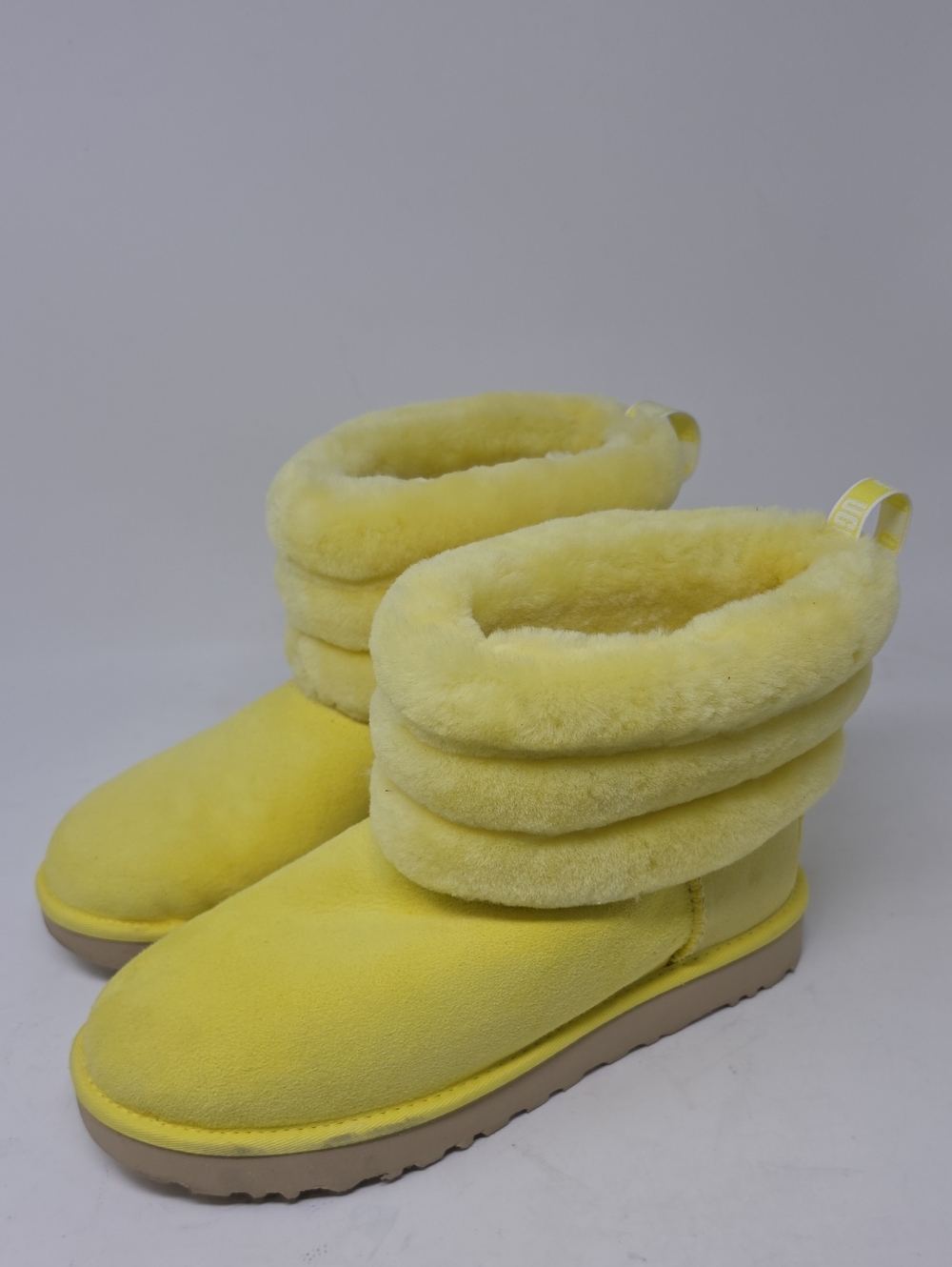 UGG Classic Mini Fluff Quilted Boots 1098533 Yellow Suede Sheepskin Ankle Size 9